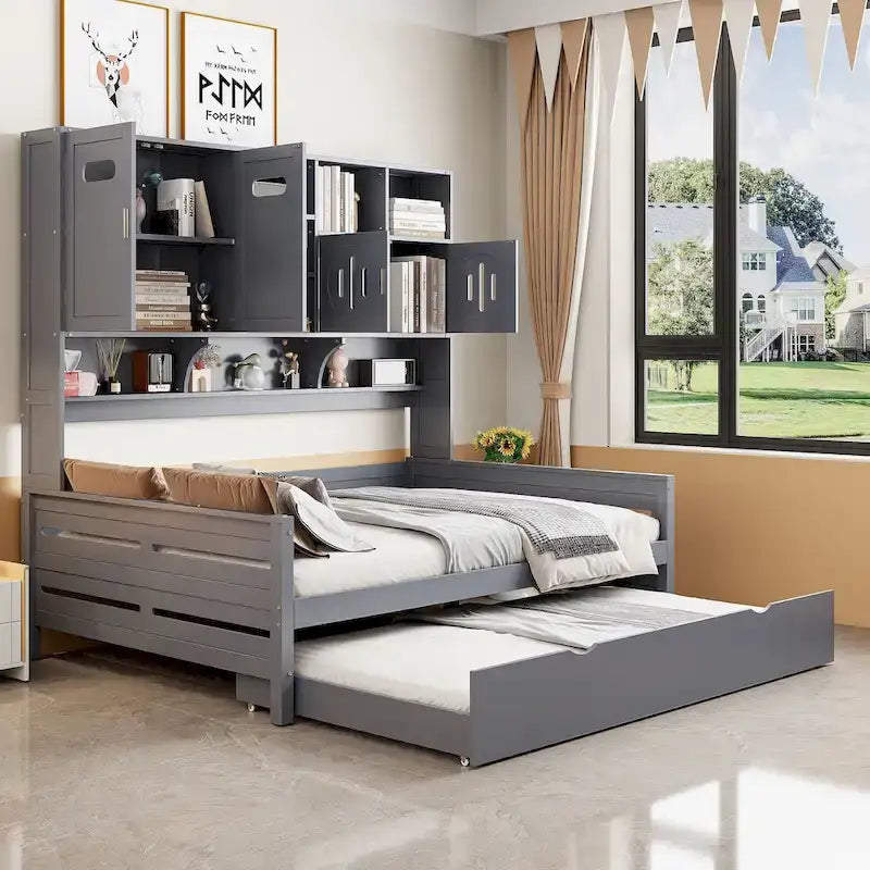Lit de repos blanc pleine grandeur avec lit gigogne double, étagères de rangement et armoire, pour 2 personnes