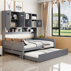 Lit de repos blanc pleine grandeur avec lit gigogne double, étagères de rangement et armoire, pour 2 personnes