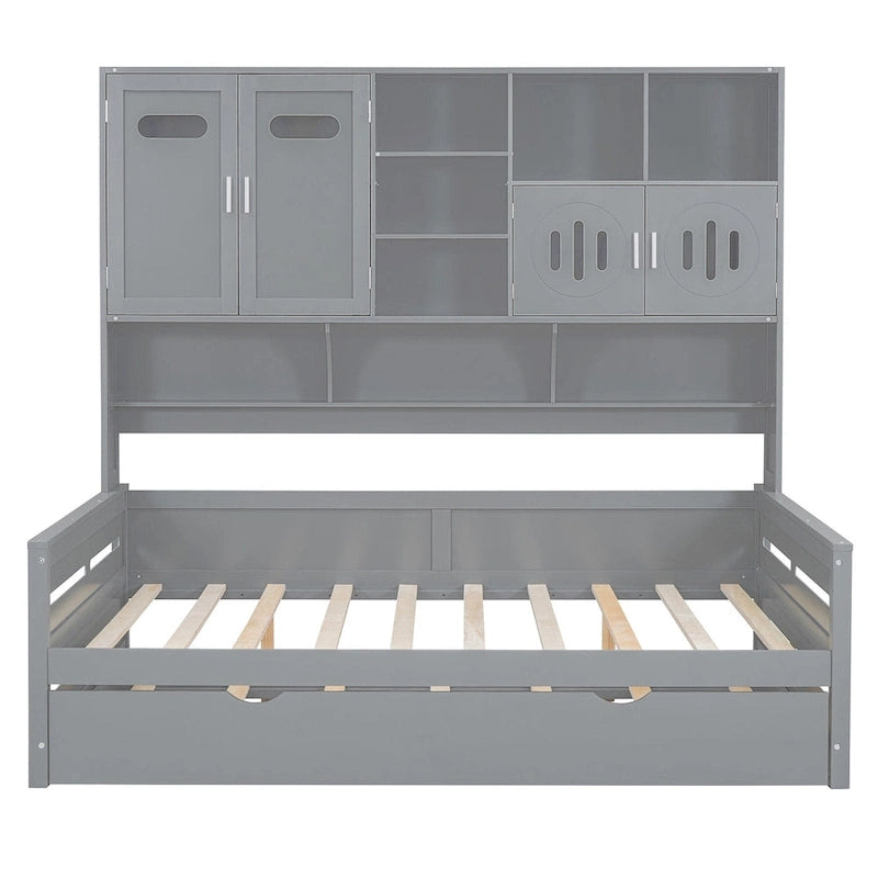 Lit de repos blanc pleine grandeur avec lit gigogne double, étagères de rangement et armoire, pour 2 personnes