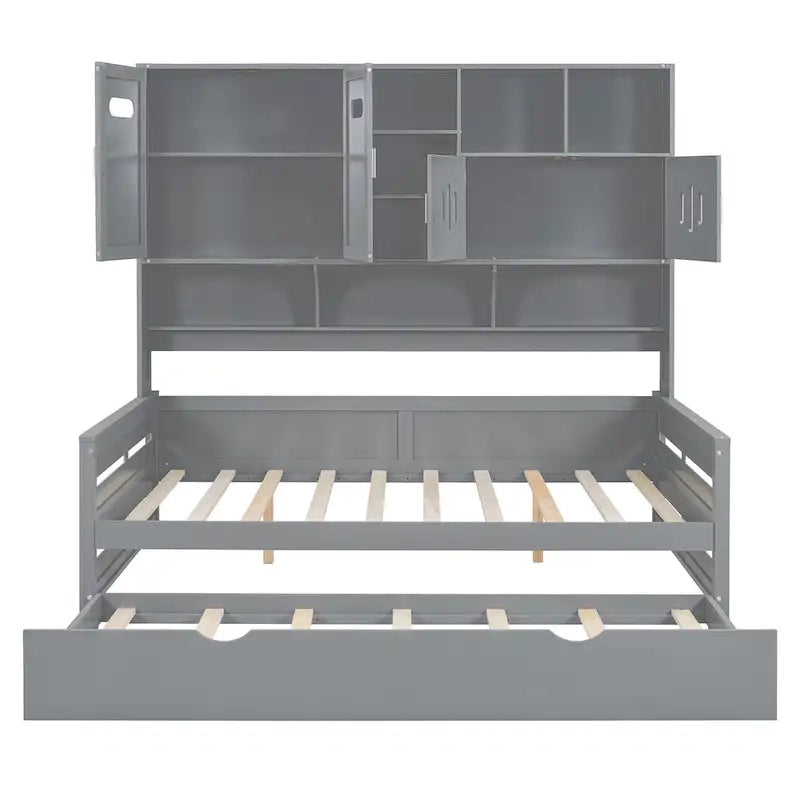 Lit de repos blanc pleine grandeur avec lit gigogne double, étagères de rangement et armoire, pour 2 personnes