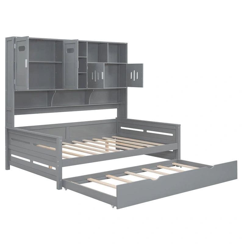 Lit de repos blanc pleine grandeur avec lit gigogne double, étagères de rangement et armoire, pour 2 personnes