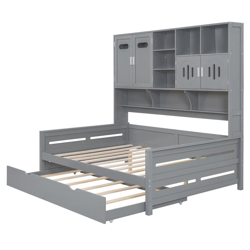 Lit de repos blanc pleine grandeur avec lit gigogne double, étagères de rangement et armoire, pour 2 personnes