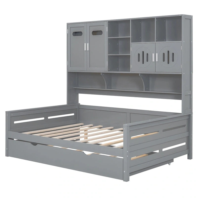 Lit de repos blanc pleine grandeur avec lit gigogne double, étagères de rangement et armoire, pour 2 personnes