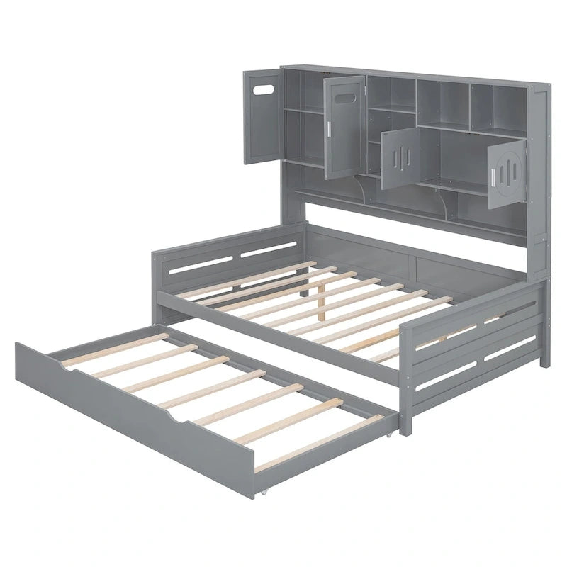 Lit de repos blanc pleine grandeur avec lit gigogne double, étagères de rangement et armoire, pour 2 personnes