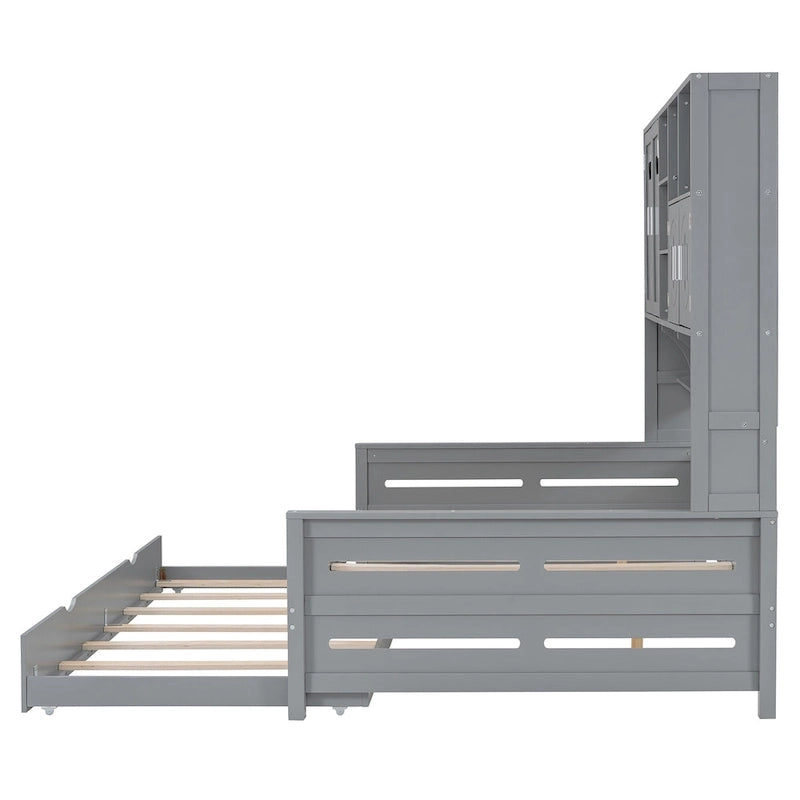 Lit de repos blanc pleine grandeur avec lit gigogne double, étagères de rangement et armoire, pour 2 personnes