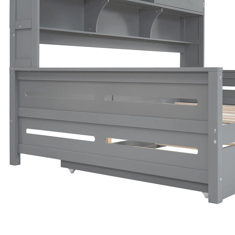 Lit de repos blanc pleine grandeur avec lit gigogne double, étagères de rangement et armoire, pour 2 personnes