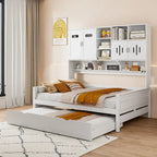 Lit de repos blanc pleine grandeur avec lit gigogne double, étagères de rangement et armoire, pour 2 personnes
