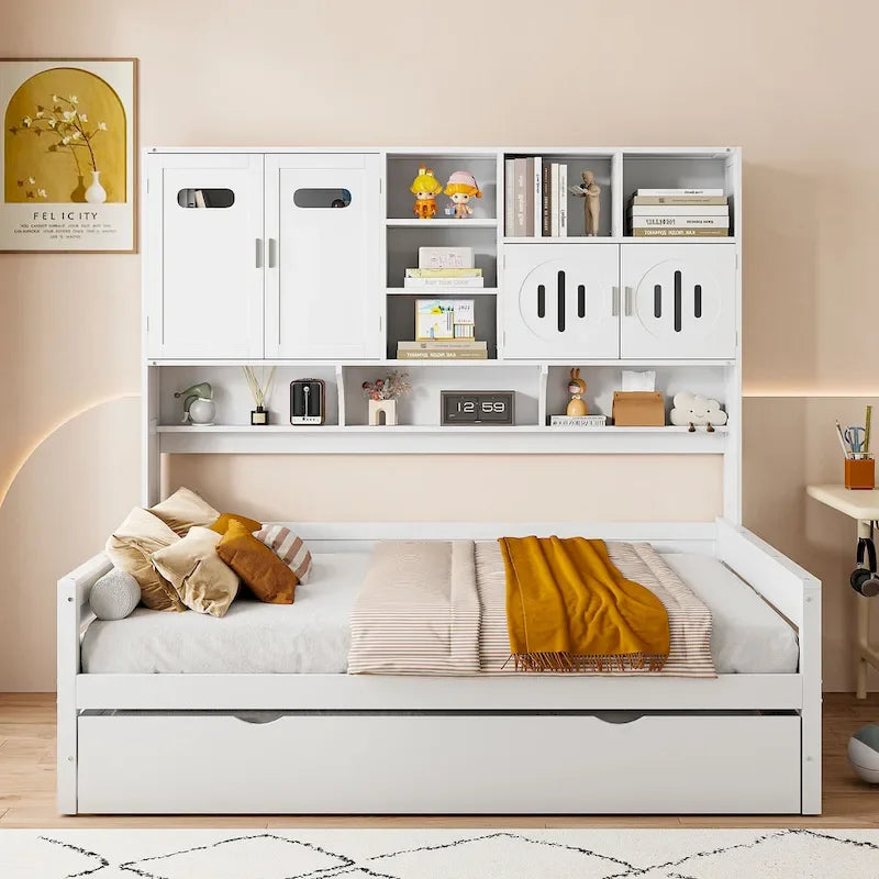 Lit de repos blanc pleine grandeur avec lit gigogne double, étagères de rangement et armoire, pour 2 personnes