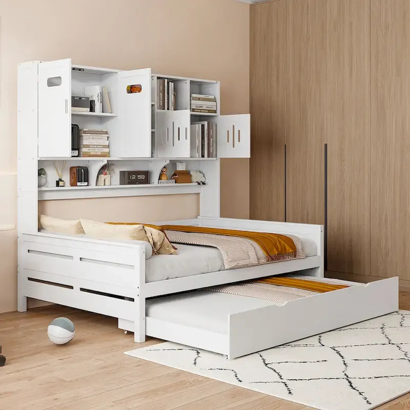 Lit de repos blanc pleine grandeur avec lit gigogne double, étagères de rangement et armoire, pour 2 personnes