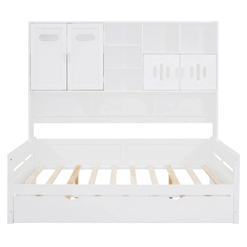 Lit de repos blanc pleine grandeur avec lit gigogne double, étagères de rangement et armoire, pour 2 personnes