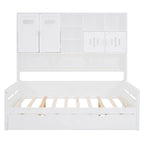 Lit de repos blanc pleine grandeur avec lit gigogne double, étagères de rangement et armoire, pour 2 personnes