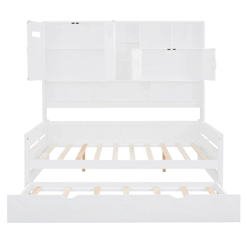 Lit de repos blanc pleine grandeur avec lit gigogne double, étagères de rangement et armoire, pour 2 personnes