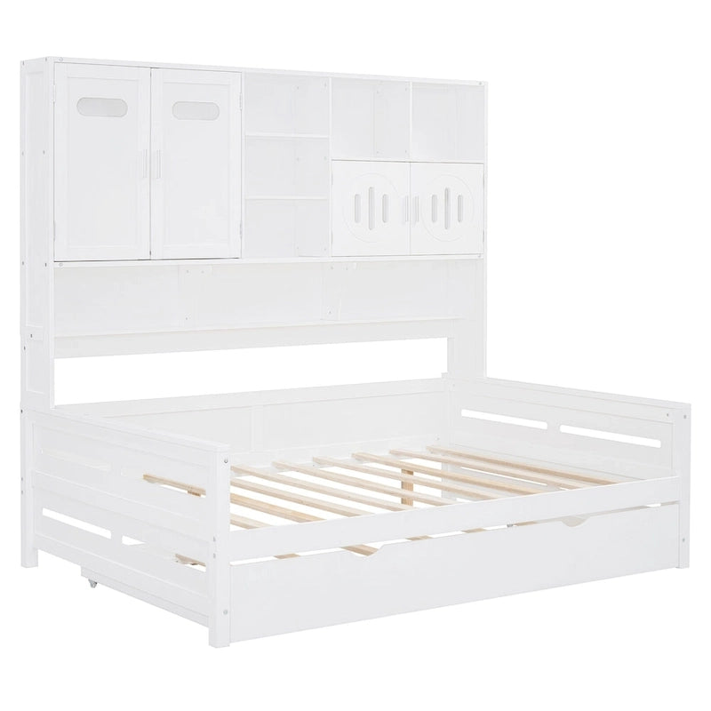 Lit de repos blanc pleine grandeur avec lit gigogne double, étagères de rangement et armoire, pour 2 personnes