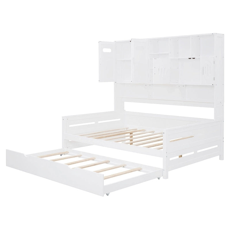 Lit de repos blanc pleine grandeur avec lit gigogne double, étagères de rangement et armoire, pour 2 personnes