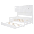Lit de repos blanc pleine grandeur avec lit gigogne double, étagères de rangement et armoire, pour 2 personnes