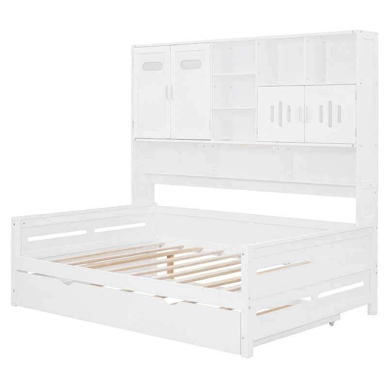 Lit de repos blanc pleine grandeur avec lit gigogne double, étagères de rangement et armoire, pour 2 personnes