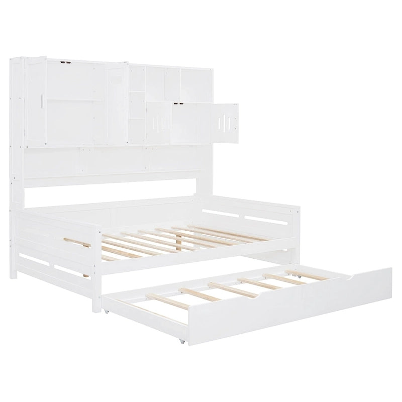 Lit de repos blanc pleine grandeur avec lit gigogne double, étagères de rangement et armoire, pour 2 personnes