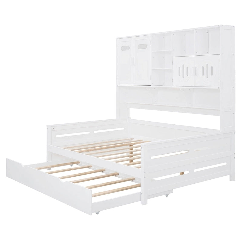Lit de repos blanc pleine grandeur avec lit gigogne double, étagères de rangement et armoire, pour 2 personnes