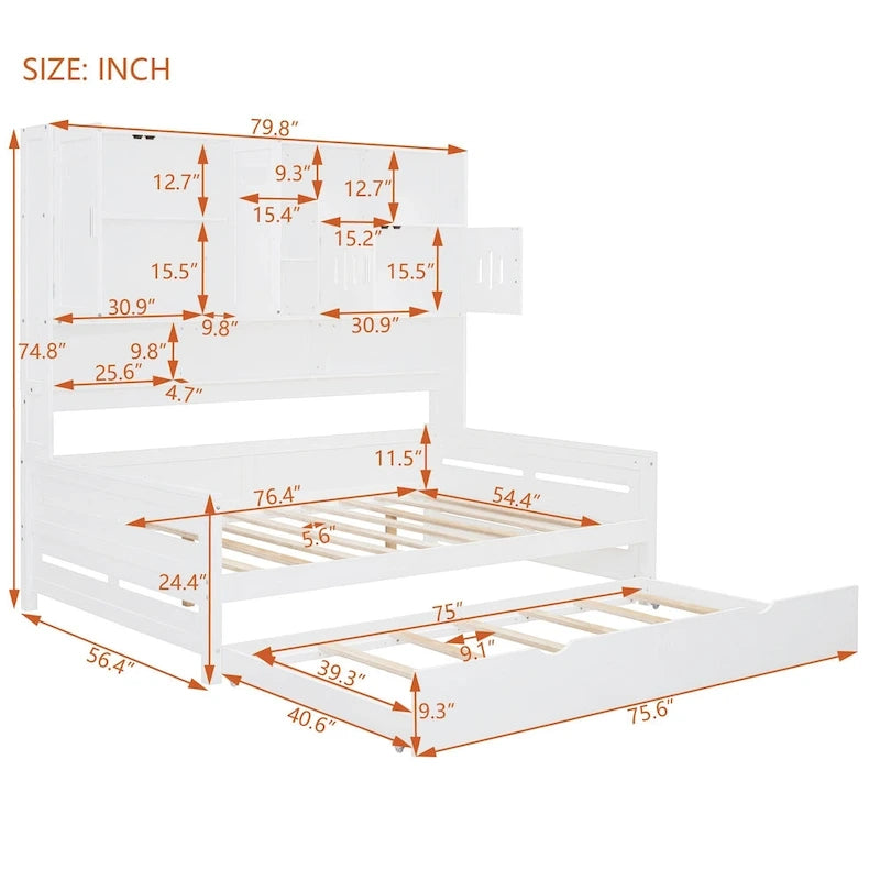 Lit de repos blanc pleine grandeur avec lit gigogne double, étagères de rangement et armoire, pour 2 personnes