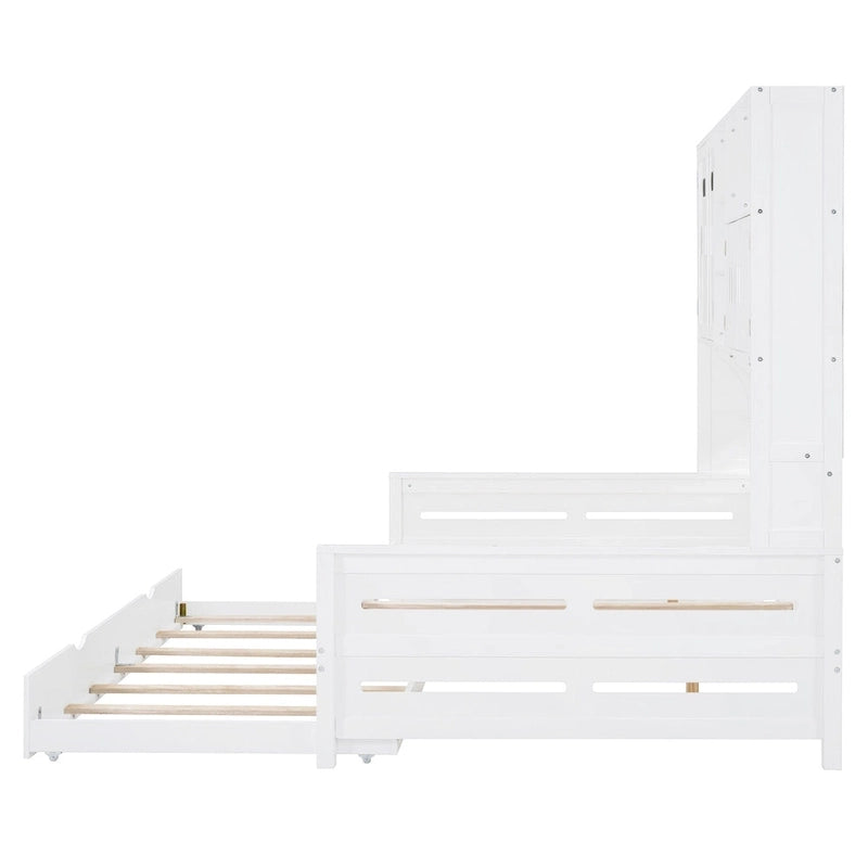 Lit de repos blanc pleine grandeur avec lit gigogne double, étagères de rangement et armoire, pour 2 personnes