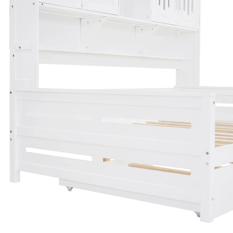 Lit de repos blanc pleine grandeur avec lit gigogne double, étagères de rangement et armoire, pour 2 personnes