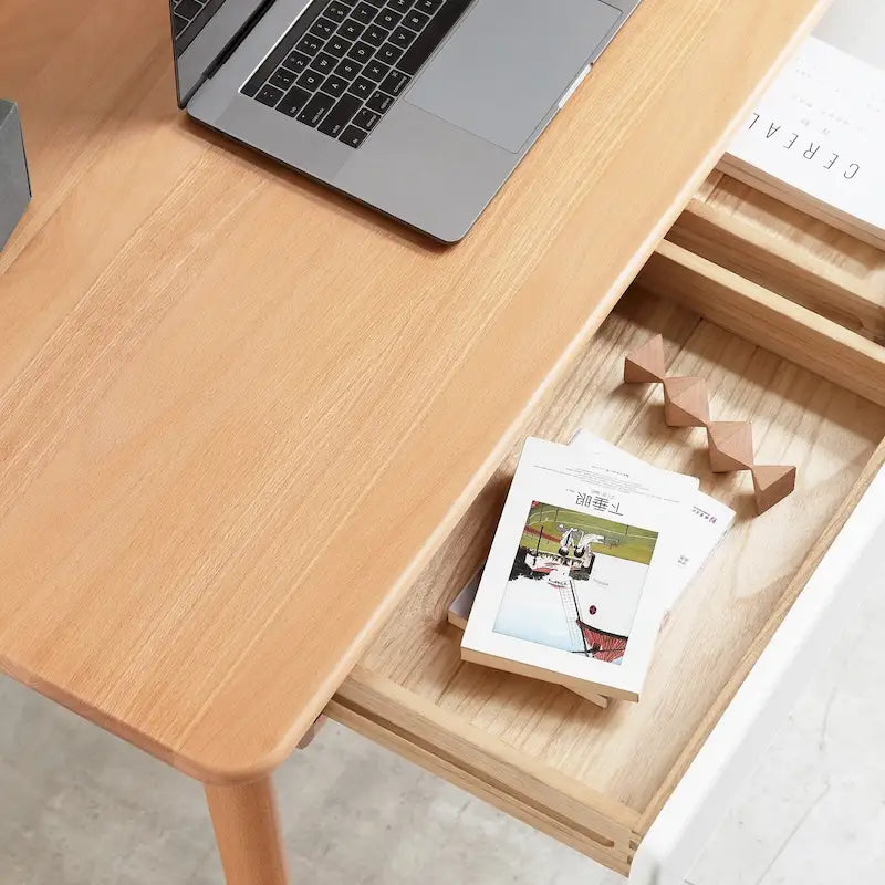 Bureau d'ordinateur en bois massif - Grand bureau de 120 cm avec 2 tiroirs