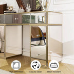 Coiffeuse miroir argentée avec 7 tiroirs, 1 place