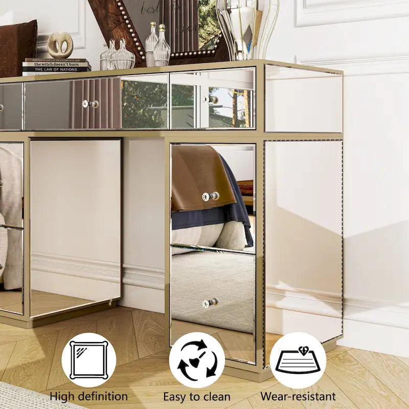 Coiffeuse miroir argentée avec 7 tiroirs, 1 place