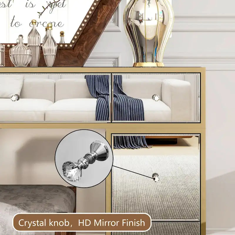 Coiffeuse miroir argentée avec 7 tiroirs, 1 place