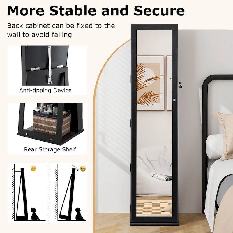 Armoire à bijoux miroir Costway, meuble de rangement vertical verrouillable – Noir – Voir les détails