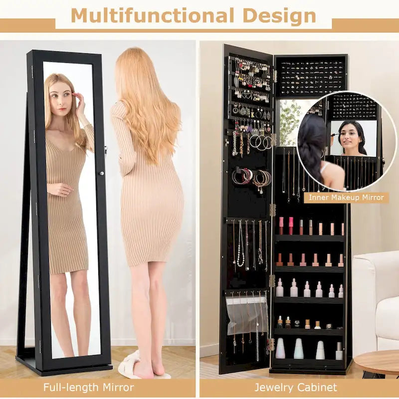 Armoire à bijoux miroir Costway, meuble de rangement vertical verrouillable – Noir – Voir les détails