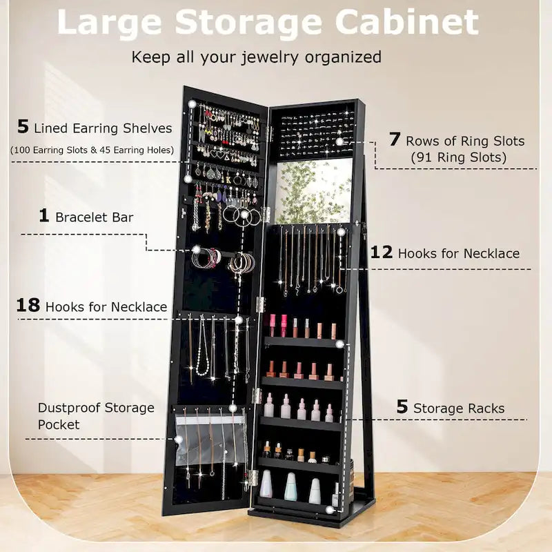 Armoire à bijoux miroir Costway, meuble de rangement vertical verrouillable – Noir – Voir les détails
