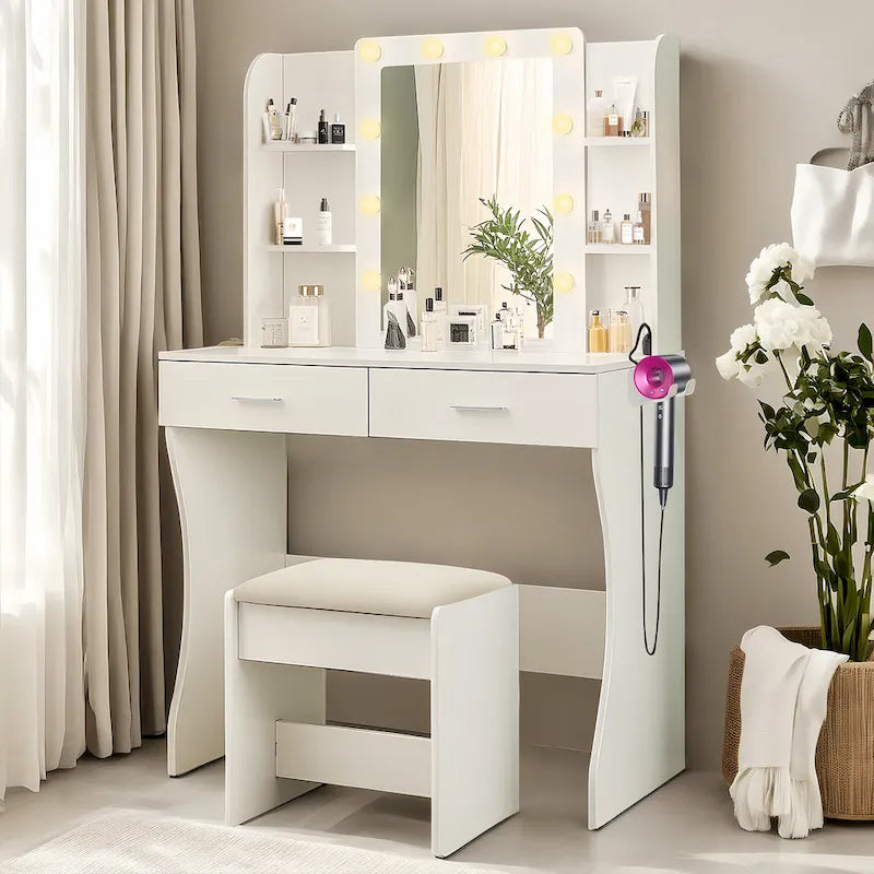 Vanity Desk with Mirror and Lights, Makeup Vanity with Power Outlet & Hair Dryer Rack,2 Drawers and 6 Shelves, Cushioned Stool
