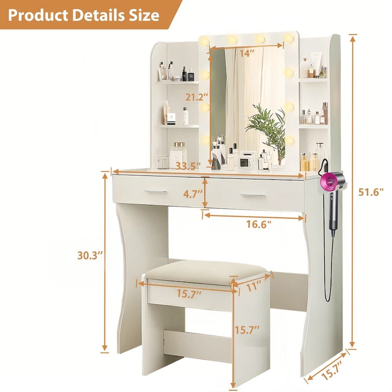 Coiffeuse Blanche avec Miroir Lumineux, Prise de Courant, Support pour Sèche-Cheveux, 2 Tiroirs et 6 Étagères, Simple