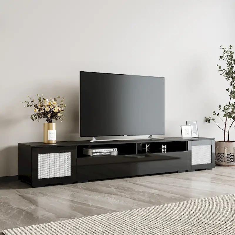 Meuble TV noir à assembler pour 2 personnes, style rotin, avec LED, 82"
