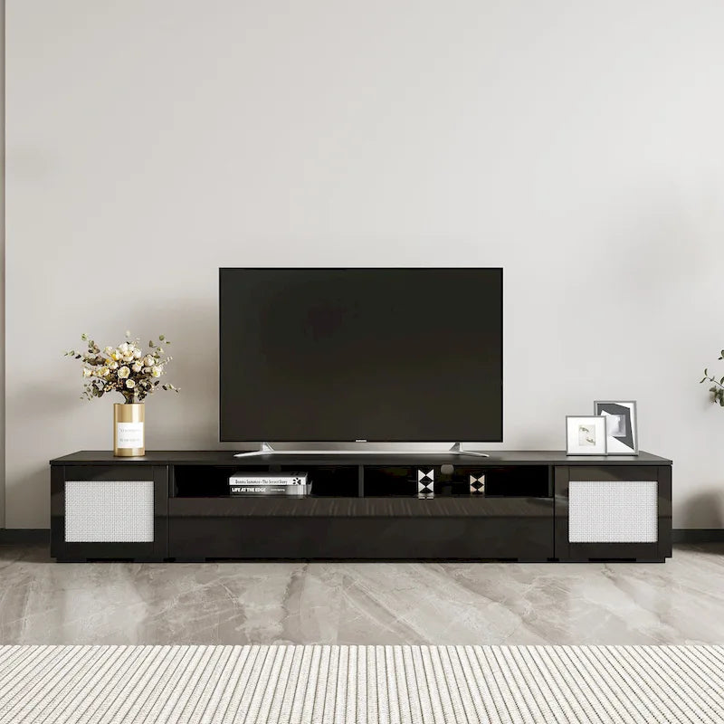 Meuble TV noir à assembler pour 2 personnes, style rotin, avec LED, 82"