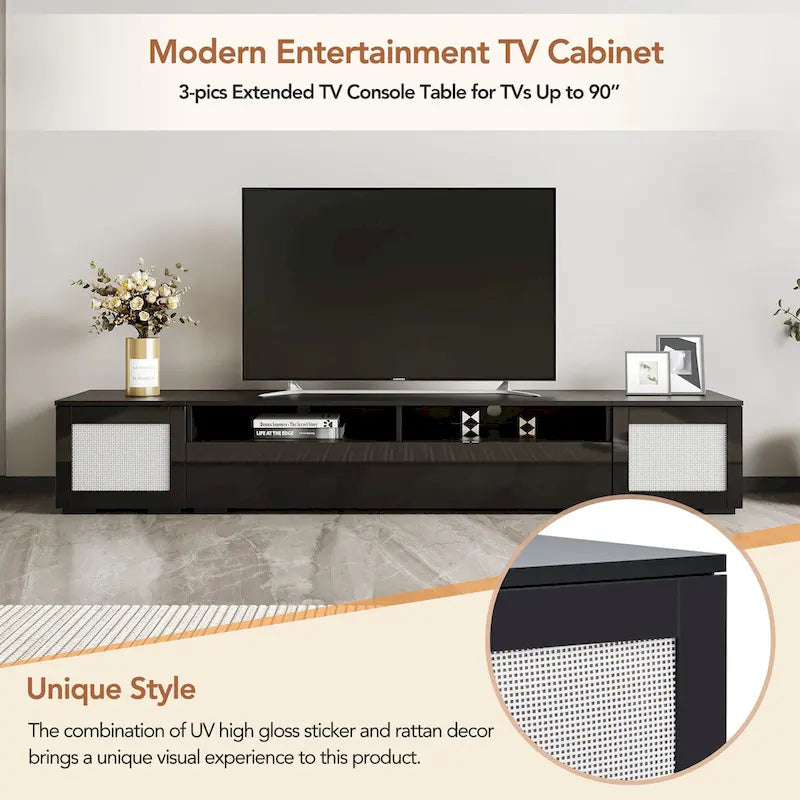 Meuble TV noir à assembler pour 2 personnes, style rotin, avec LED, 82"