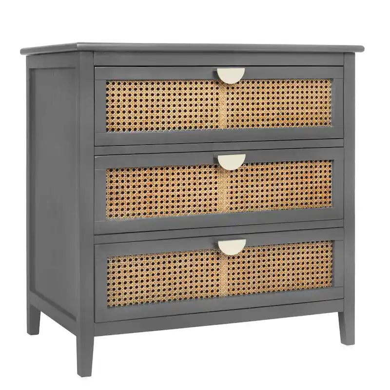 Commode 3 tiroirs verte/grise avec façade en rotin, style rustique, pour 1 personne