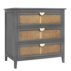 Commode 3 tiroirs verte/grise avec façade en rotin, style rustique, pour 1 personne