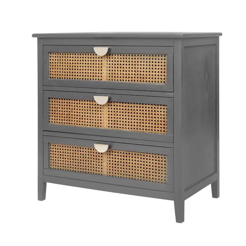 Commode 3 tiroirs verte/grise avec façade en rotin, style rustique, pour 1 personne