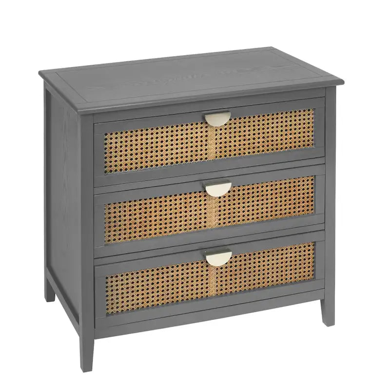 Commode 3 tiroirs verte/grise avec façade en rotin, style rustique, pour 1 personne