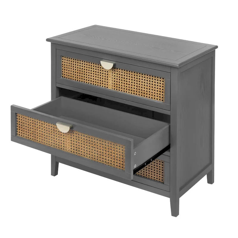 Commode 3 tiroirs verte/grise avec façade en rotin, style rustique, pour 1 personne