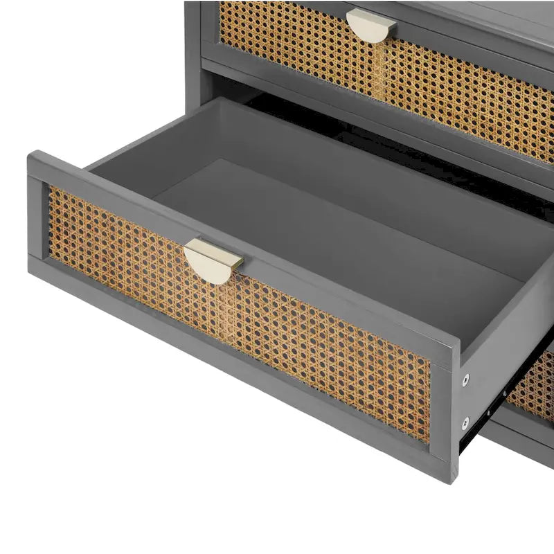 Commode 3 tiroirs verte/grise avec façade en rotin, style rustique, pour 1 personne
