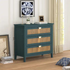 Commode 3 tiroirs verte/grise avec façade en rotin, style rustique, pour 1 personne