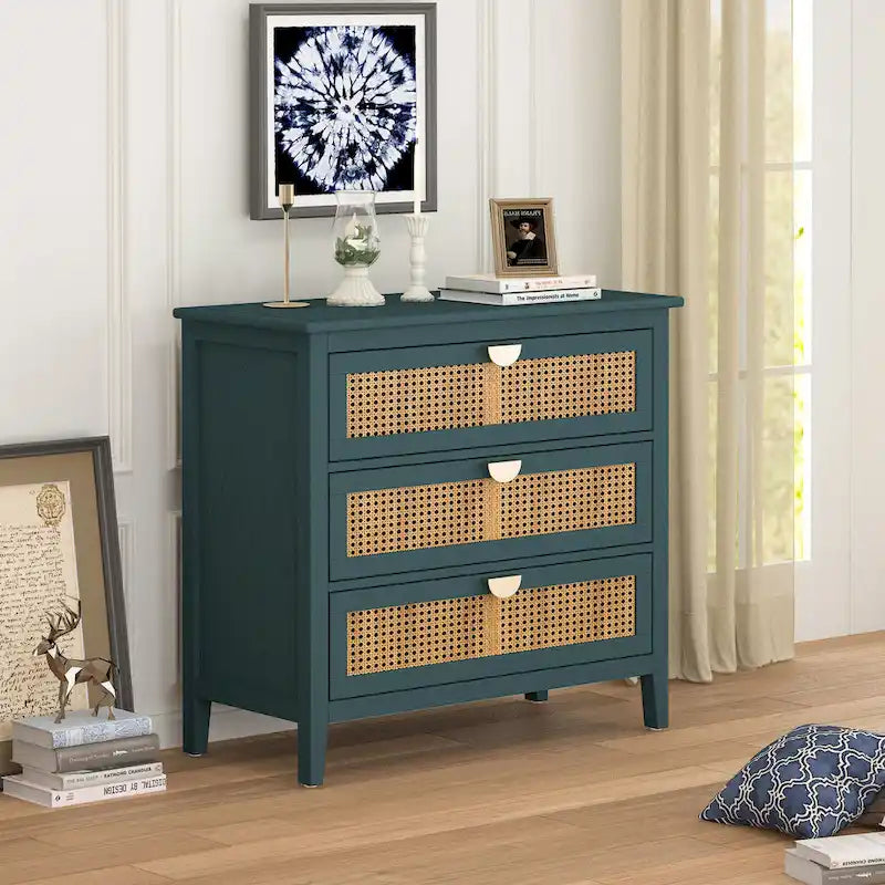 Commode 3 tiroirs verte/grise avec façade en rotin, style rustique, pour 1 personne