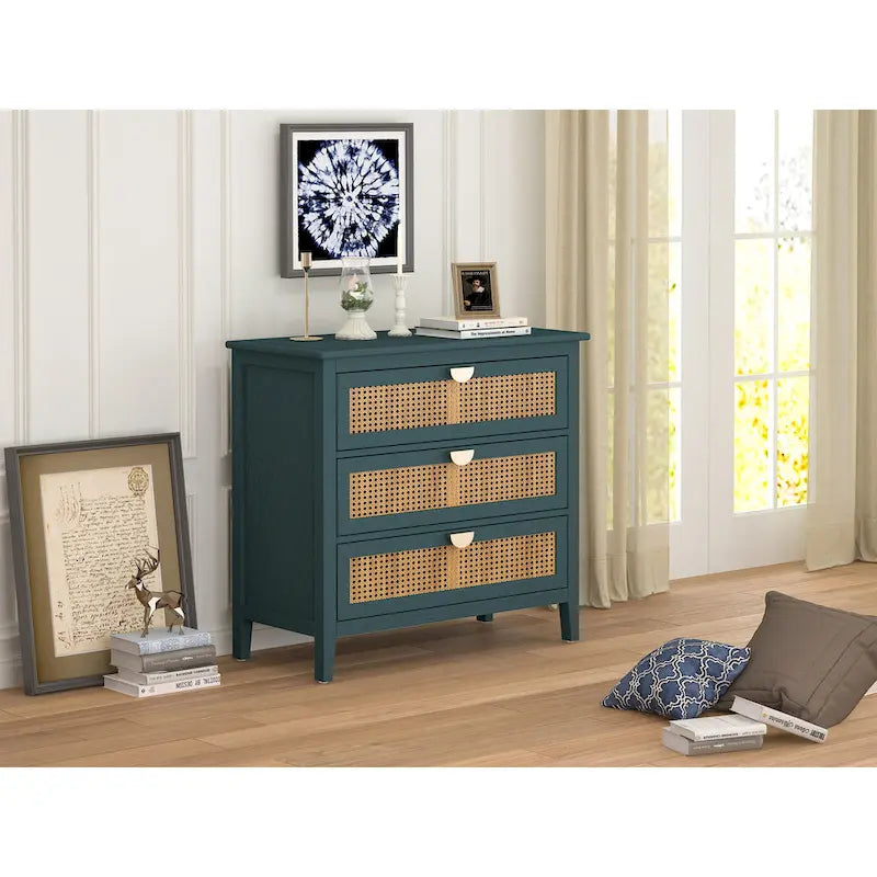 Commode 3 tiroirs verte/grise avec façade en rotin, style rustique, pour 1 personne