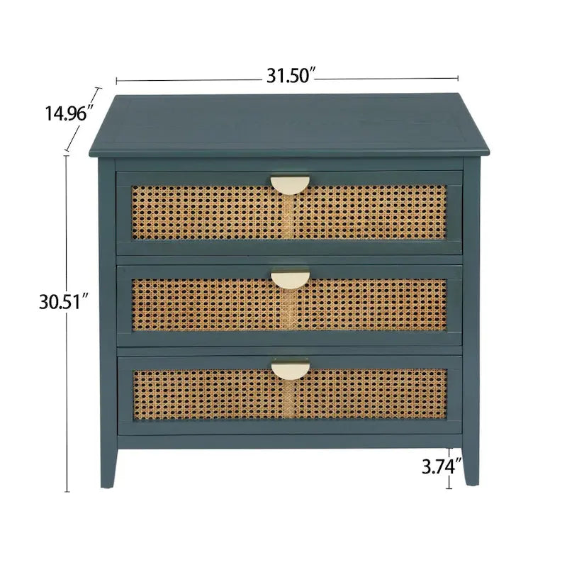Commode 3 tiroirs verte/grise avec façade en rotin, style rustique, pour 1 personne