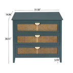 Commode 3 tiroirs verte/grise avec façade en rotin, style rustique, pour 1 personne