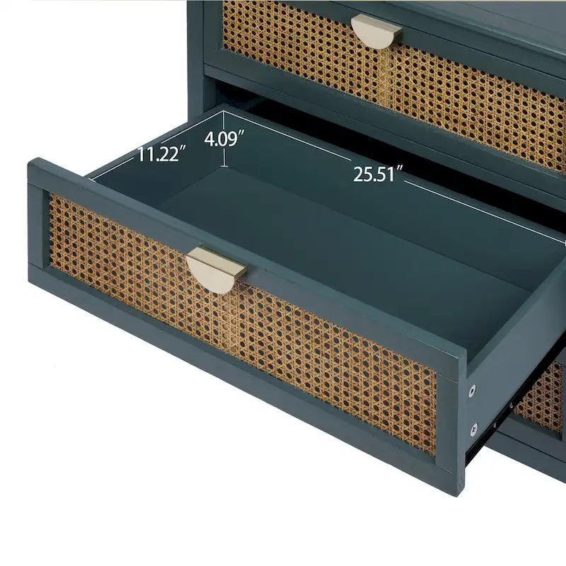 Commode 3 tiroirs verte/grise avec façade en rotin, style rustique, pour 1 personne
