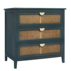 Commode 3 tiroirs verte/grise avec façade en rotin, style rustique, pour 1 personne
